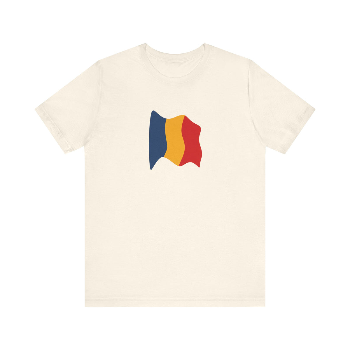 Romania flag T-shirt by Printify featuring a minimal waving tricolor design on a casual tee.
