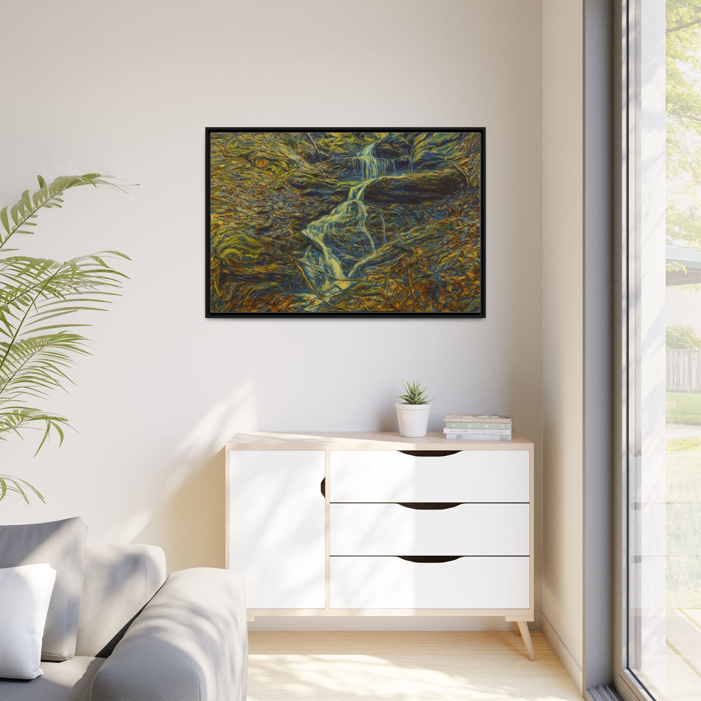 Framed matte canvas wall art featuring a scenic autumn forest and waterfall, designed by Printify for natural home decor.