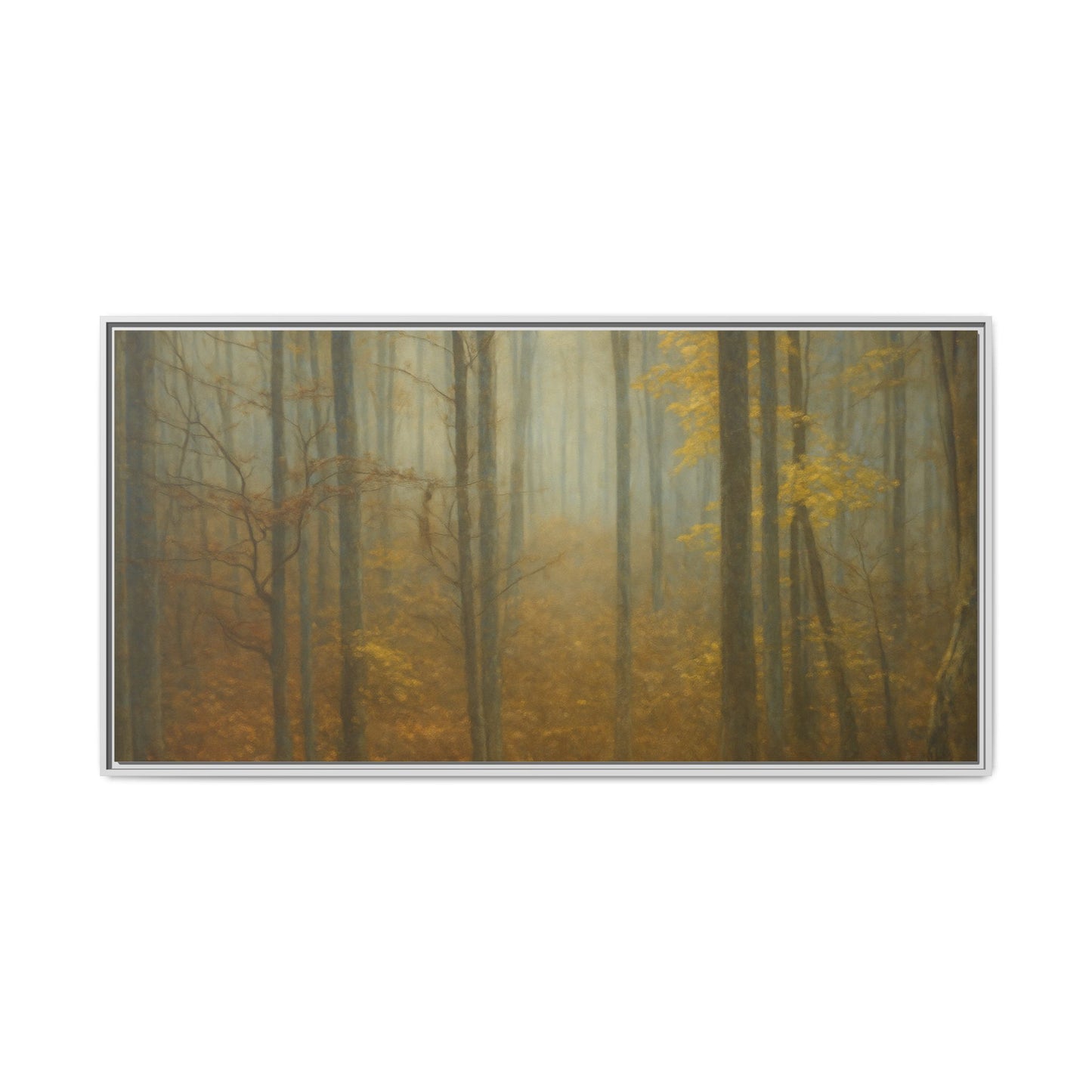 Framed matte canvas wall art featuring a serene misty autumn forest scene, ideal for nature-inspired home decor.