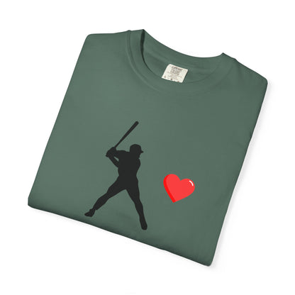 White Baseball Batter Heart T-Shirt by Printify featuring a graphic of a batter with a heart, casual and sporty design.