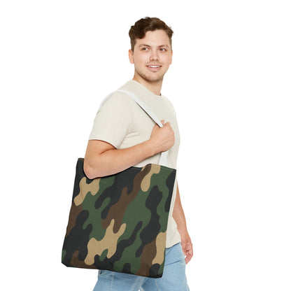 Camo pattern tote bag from Printify featuring all-over printed canvas design for casual carrying and everyday use.