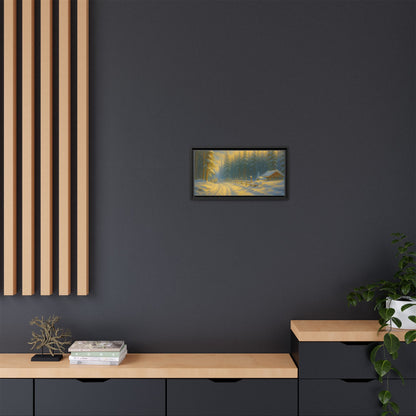 Framed winter cabin canvas print featuring a snowy forest sunset, wall art by Printify showing a cozy winter scene.