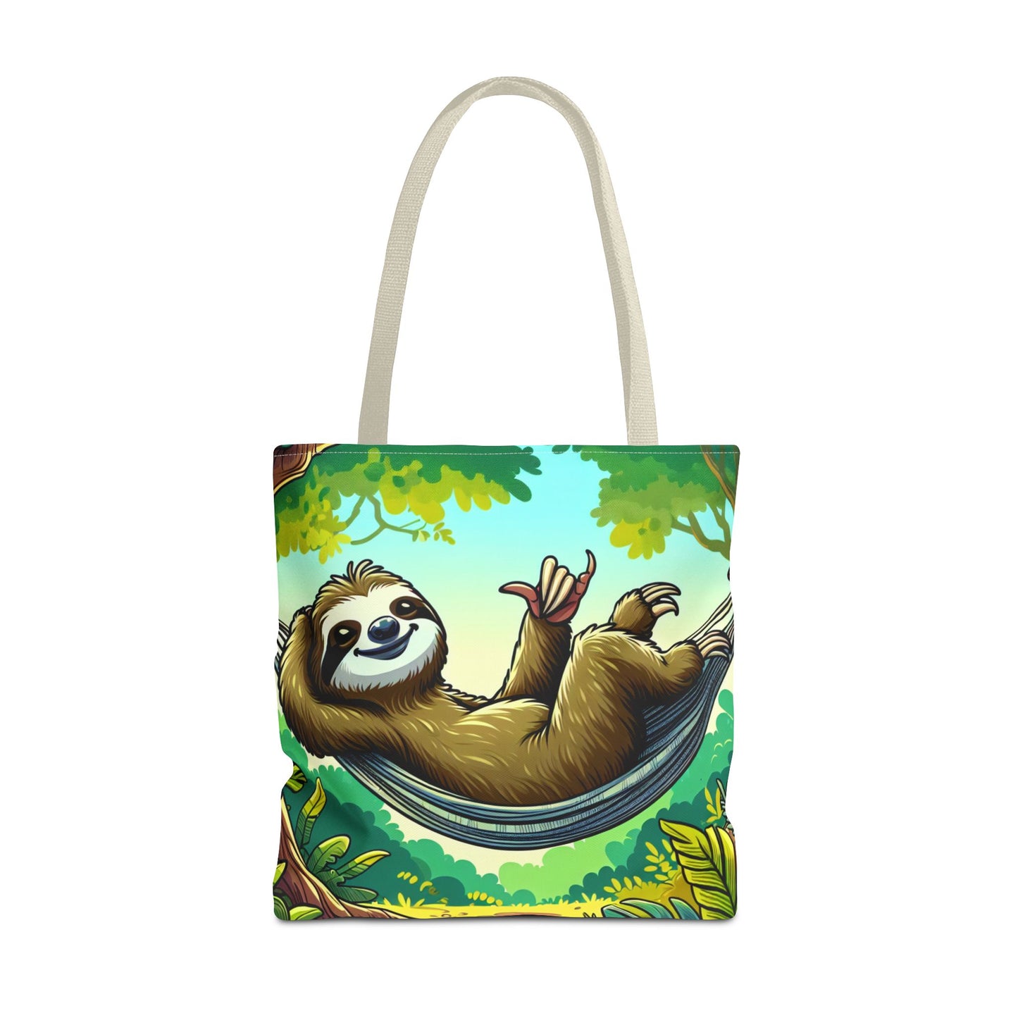 Eco-friendly sloth tote bag by Printify featuring a cute animal design, perfect for animal lovers and casual outings.