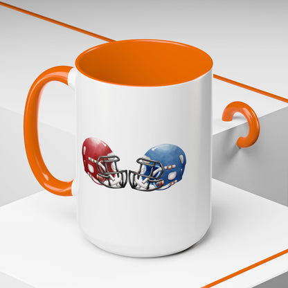 Football Helmet Coffee Mug — Red vs Blue Rivalry Accent Mug (11/15oz)