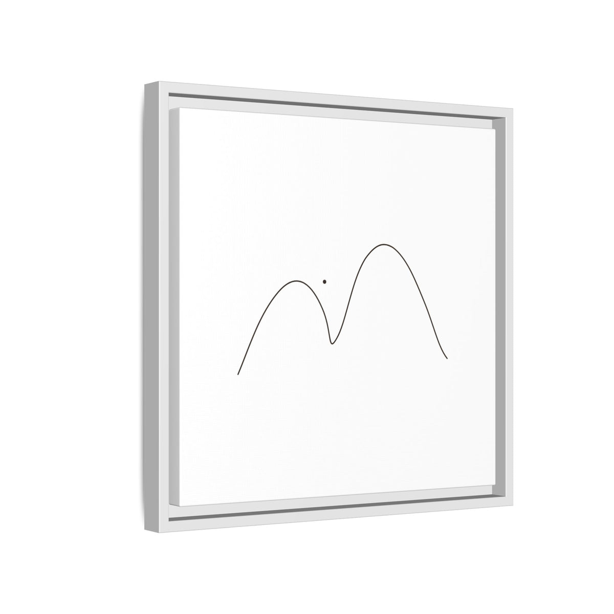 Framed minimalist mountain line art print on matte canvas by Printify, featuring simple black mountain outline on white background.