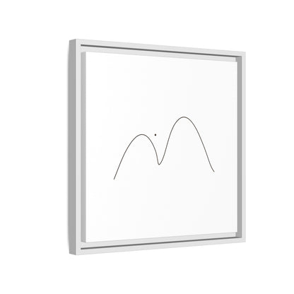 Framed minimalist mountain line art print on matte canvas by Printify, featuring simple black mountain outline on white background.