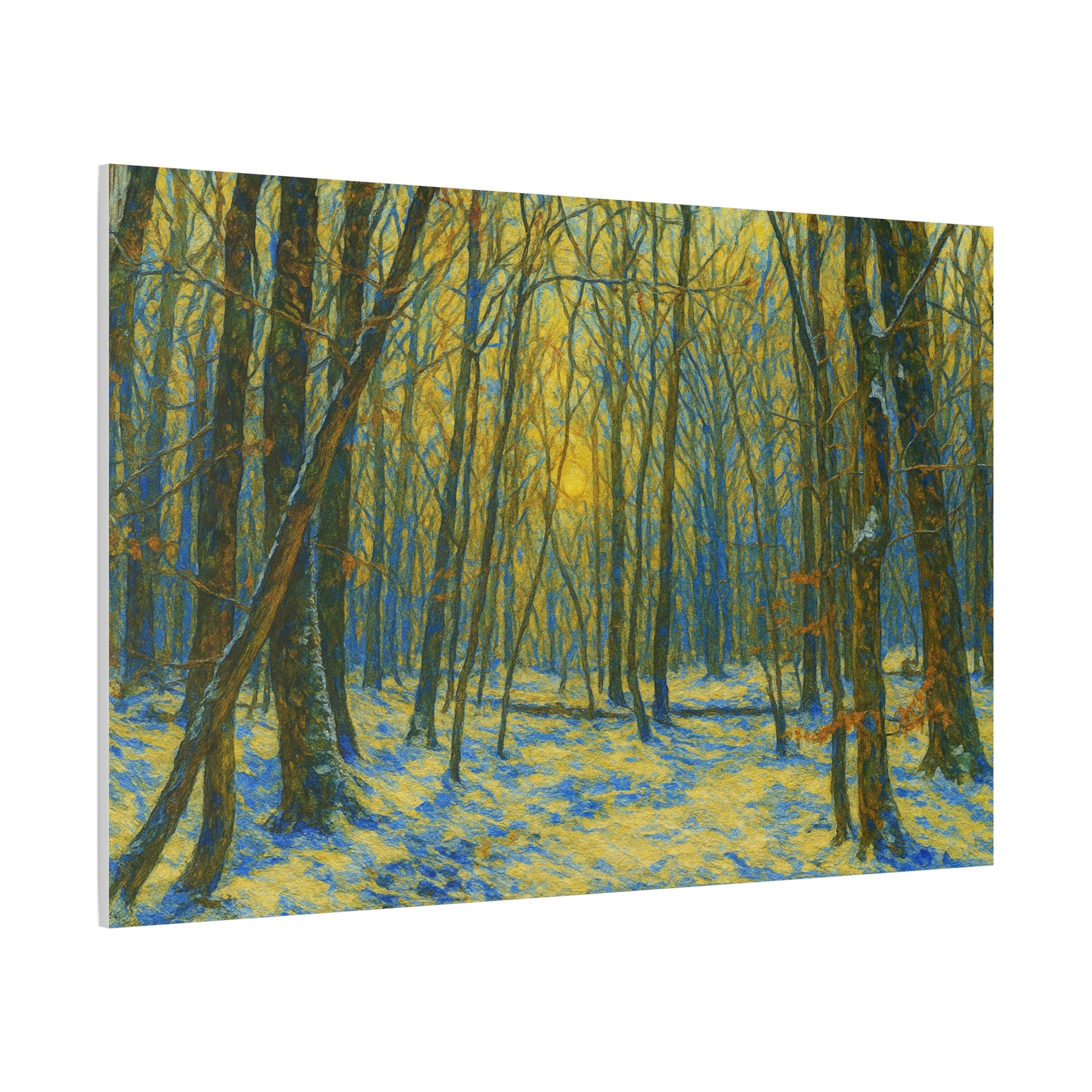 Winter woodland forest sunlight canvas print, matte stretched art by Printify showcasing a serene winter landscape.