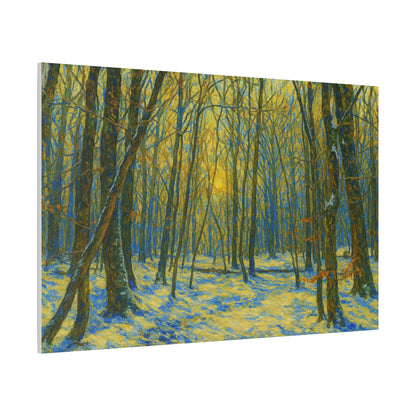 Winter woodland forest sunlight canvas print, matte stretched art by Printify showcasing a serene winter landscape.