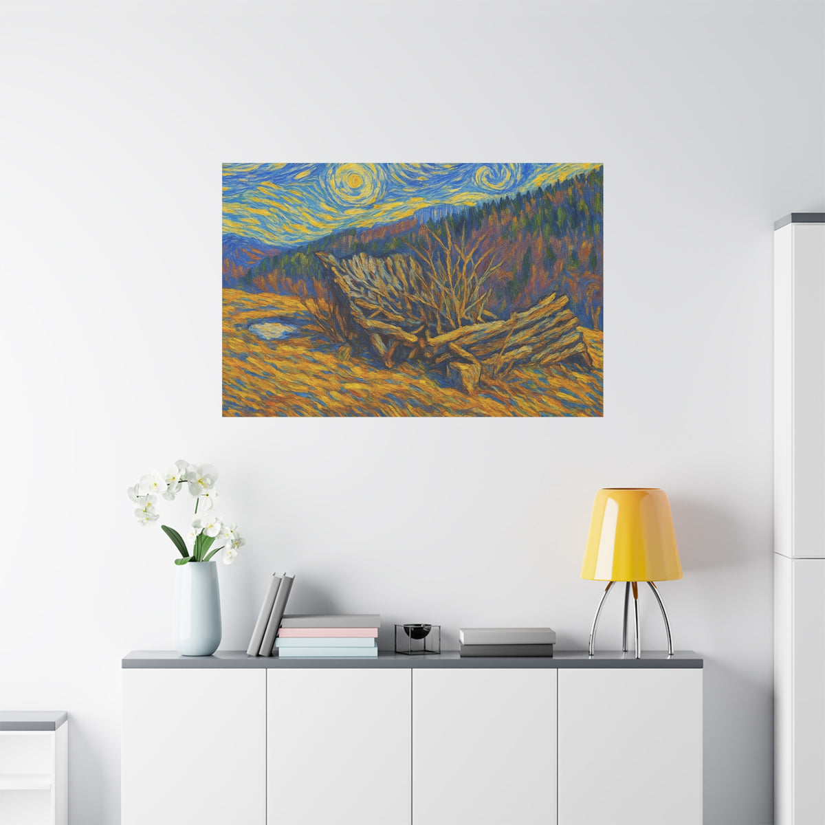 Impressionist Starry Landscape canvas print by Printify showing a colorful night sky with stars over a serene landscape.