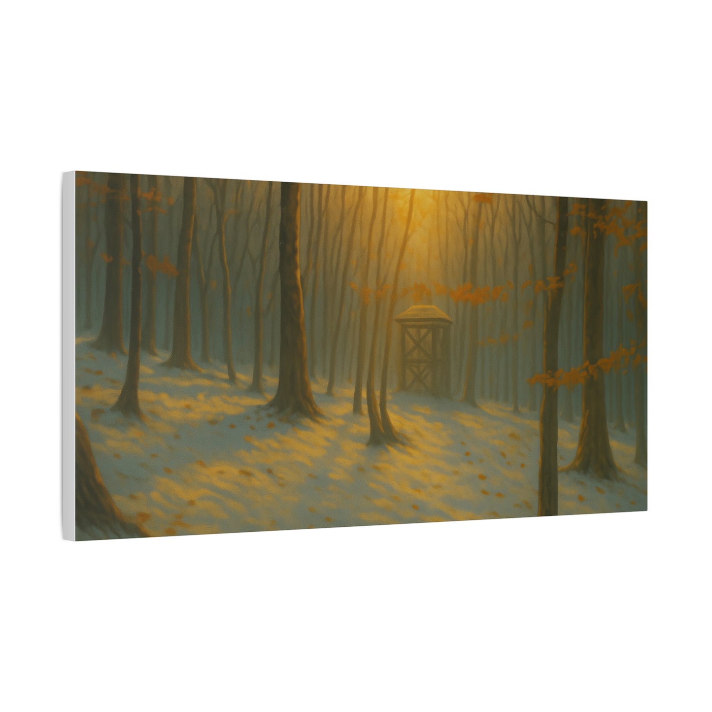 Matte stretched canvas print of Misty Forest Sunrise artwork by Printify, featuring a serene forest scene at dawn.