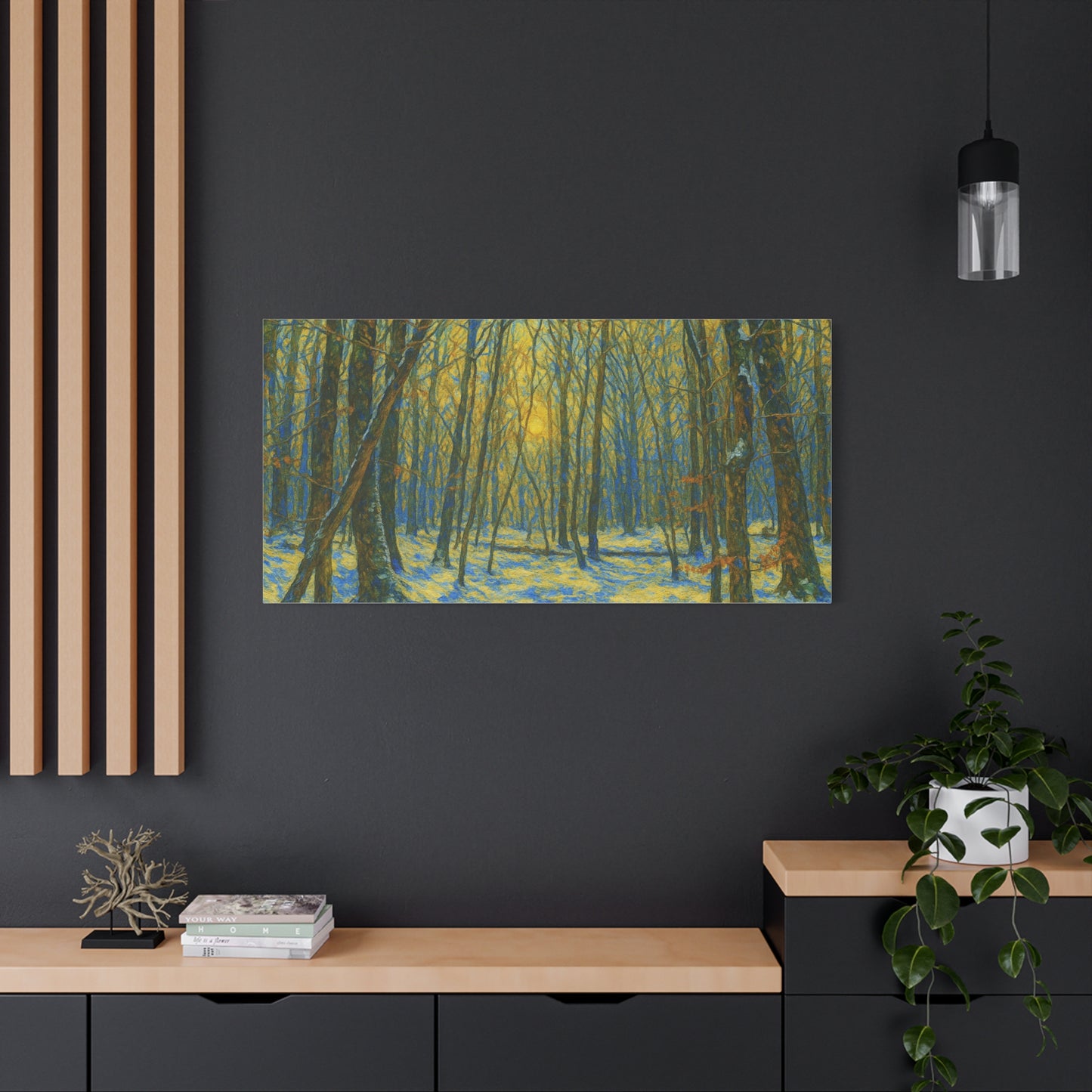 Winter woodland forest sunlight canvas print on stretched matte canvas by Printify, showcasing a serene winter landscape scene.