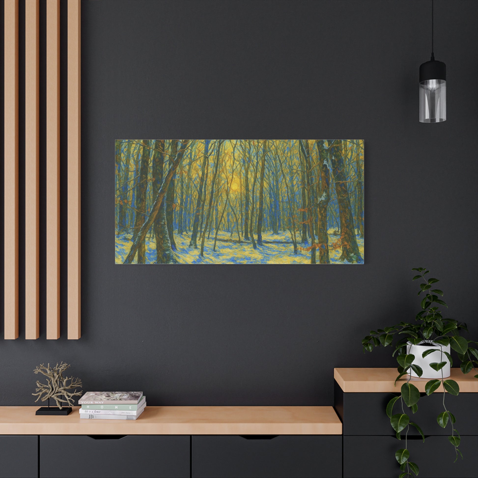 Winter woodland forest sunlight canvas print on stretched matte canvas by Printify, showcasing a serene winter landscape scene.