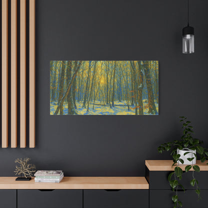 Winter woodland forest sunlight canvas print on stretched matte canvas by Printify, showcasing a serene winter landscape scene.