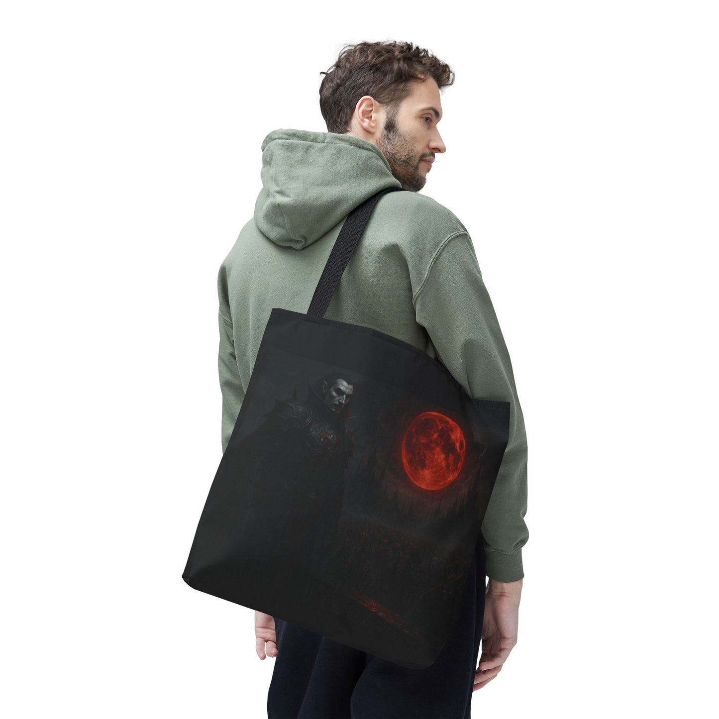 Gothic Dracula tote bag with moonlit vampire art, ideal Halloween gift, made by Printify, featuring detailed vampire design on fabric.
