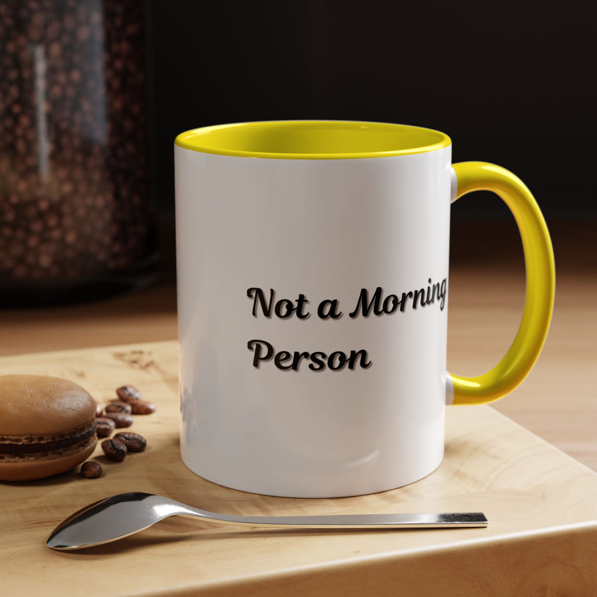 Ceramic coffee mug with "Not a Morning Person" print, 11oz size, from Printify, featuring a white mug with black text.