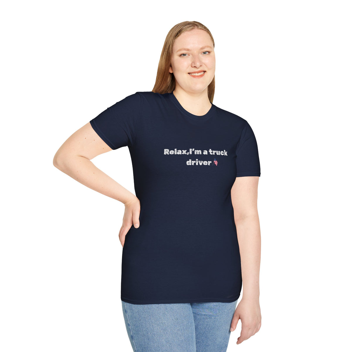 Pink heart graphic on black Relax, I'm a Truck Driver T-Shirt with humorous trucker slogan, casual fit print tee.