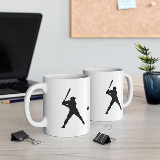 Ceramic baseball player mug with minimal silhouette design, available in 11oz and 15oz sizes, by Printify.