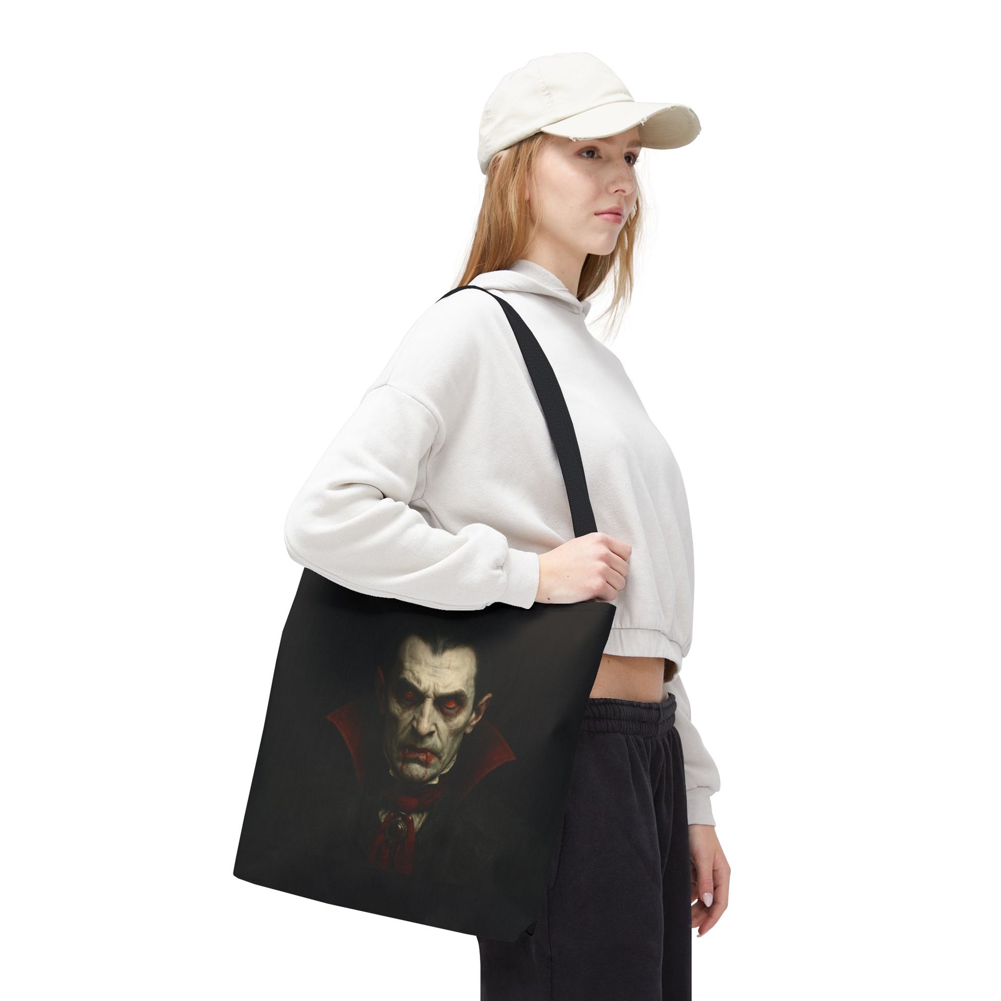 Black vampire tote bag with spooky gothic design, perfect for Halloween accessories, made by Printify.