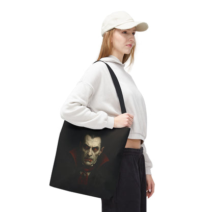 Black vampire tote bag with spooky gothic design, perfect for Halloween accessories, made by Printify.