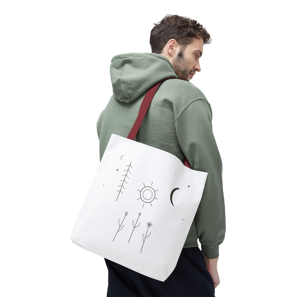 Minimal Moon and Sun botanical tote bag featuring celestial line art, made by Printify, displayed with natural fabric texture and design details.
