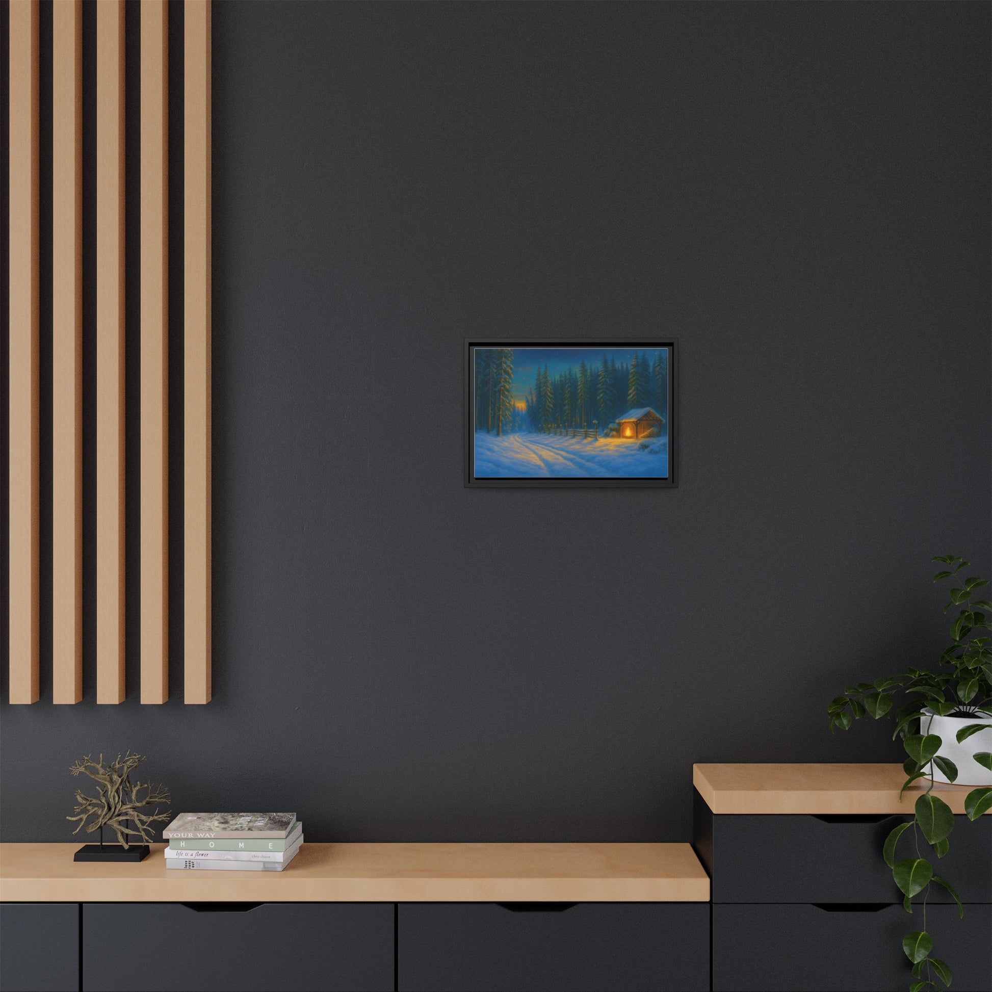 Winter cabin wall art on canvas featuring a snowy forest scene in the evening, framed with a matte finish by Printify.
