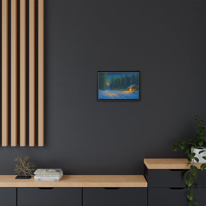 Winter cabin wall art on canvas featuring a snowy forest scene in the evening, framed with a matte finish by Printify.