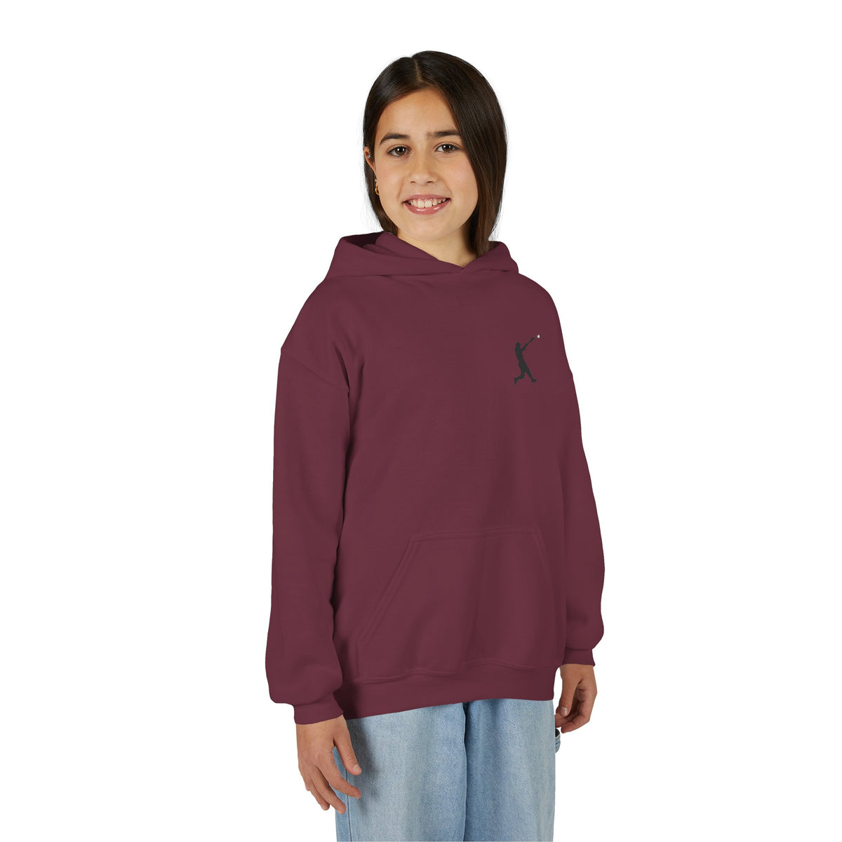 Kids youth baseball silhouette hoodie by Printify featuring a baseball player design, perfect for young sports enthusiasts.