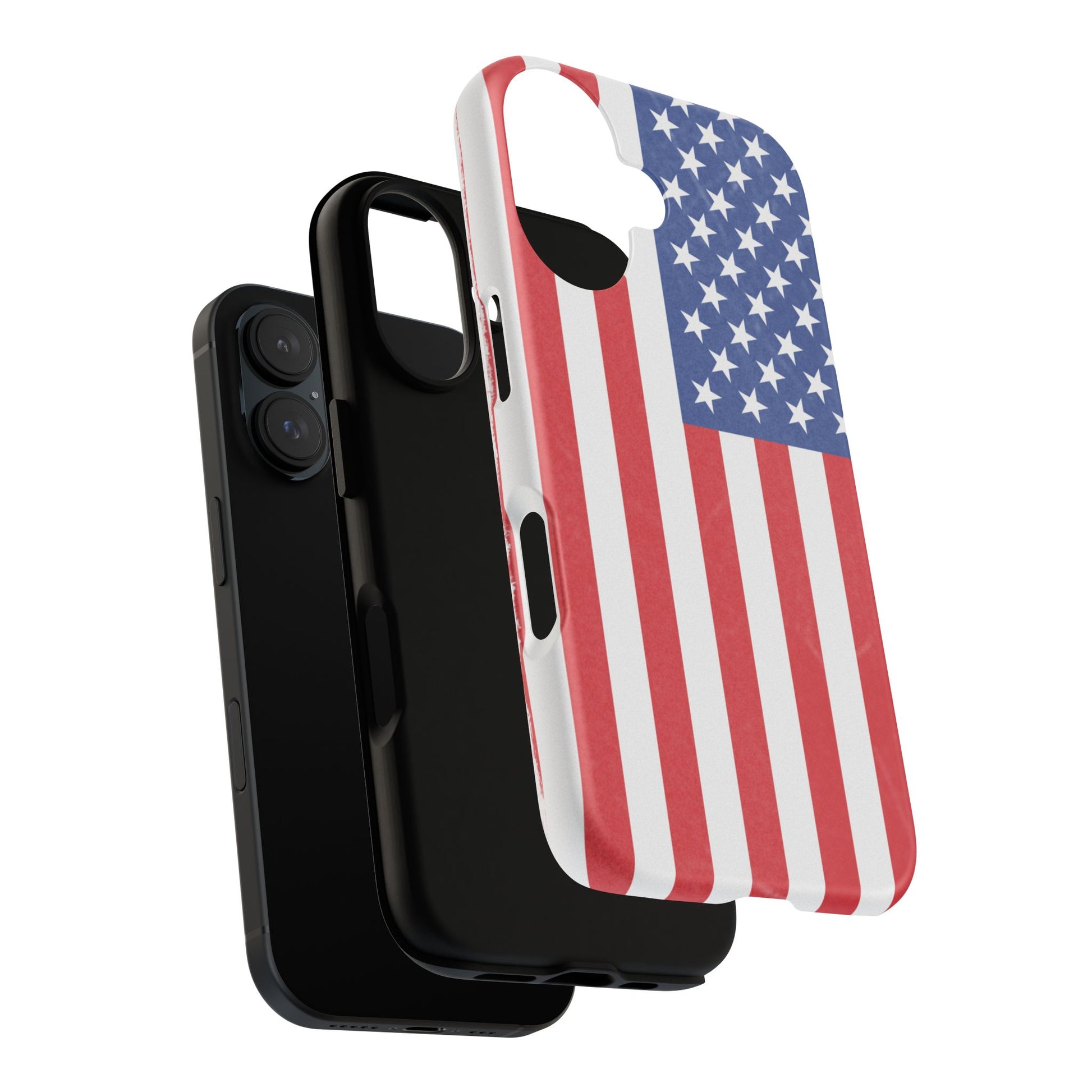 Durable American flag print tough phone case for iPhone, patriotic design, made by Printify, offers protection and style.