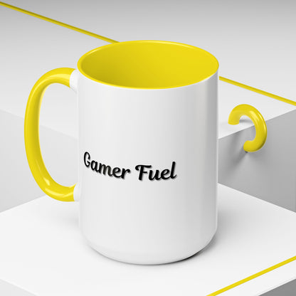 Printify Gamer Fuel coffee mug in 11oz or 15oz with gaming-themed design, featuring bold text and vibrant colors.