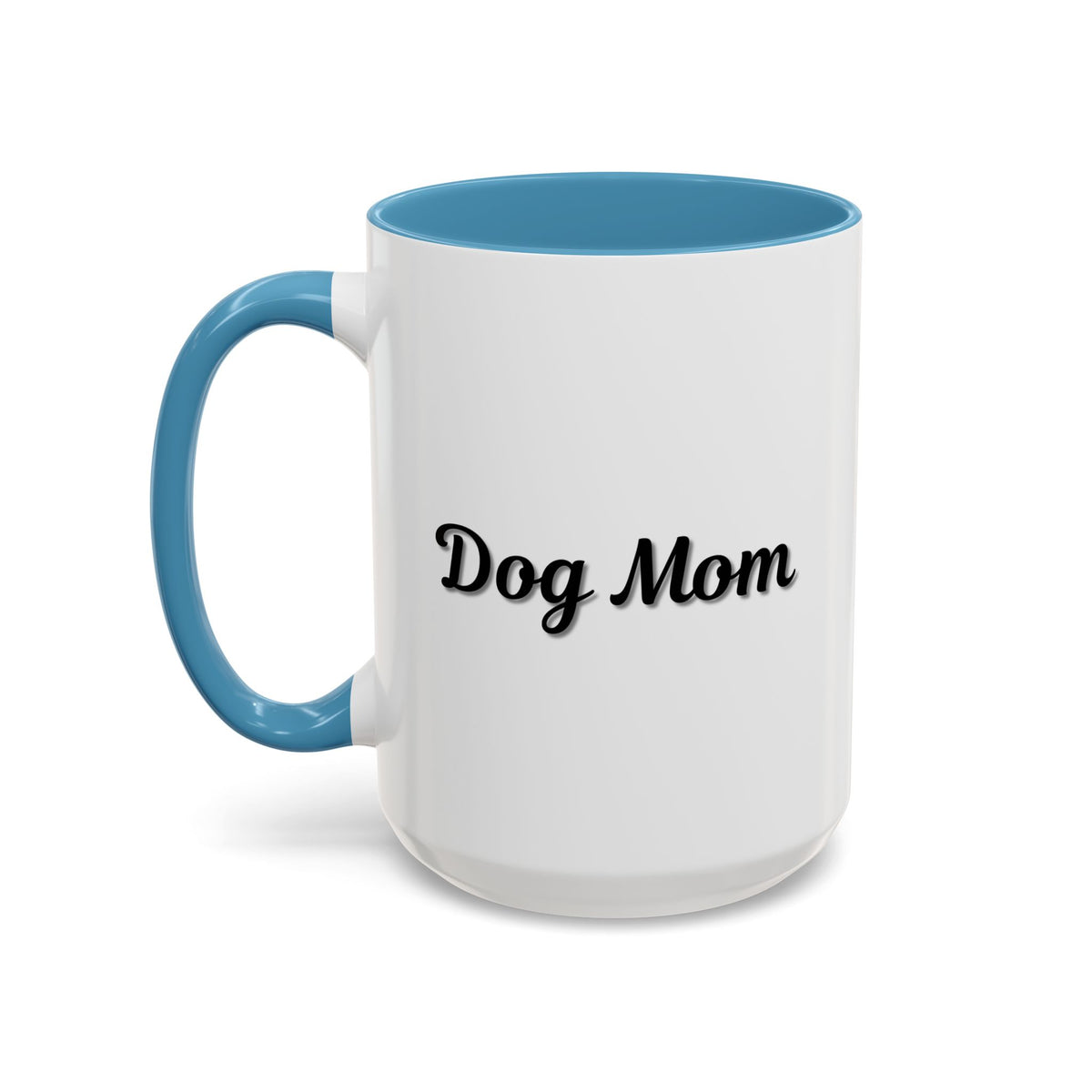 Dog Mom Accent Coffee Mug — white ceramic coffee mug with retro script "Dog Mom" print, colored interior and C-handle, 11oz/15oz, top-down view