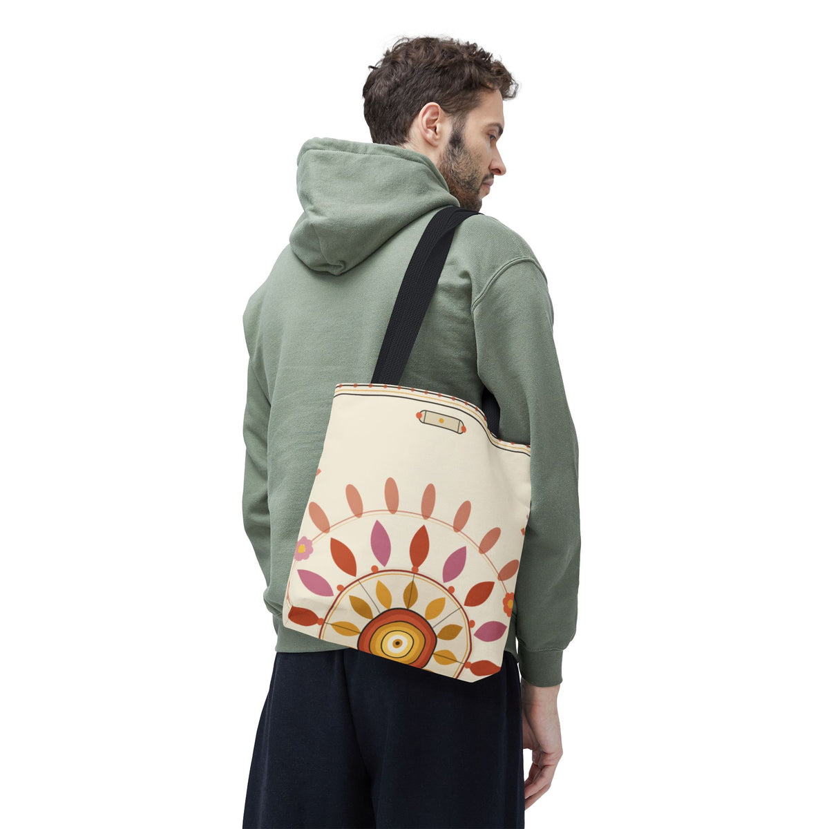 Boho floral mandala tote bag with pastel sunburst pattern, stylish fabric bag featuring intricate floral and mandala design.