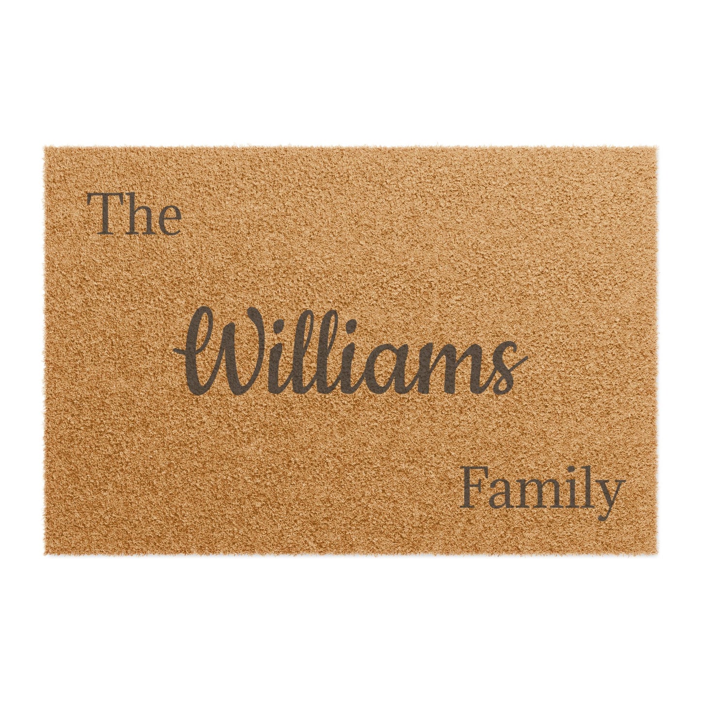 Personalized Script Monogram Welcome doormat with last name, featuring elegant lettering on a durable floor mat by Printify.