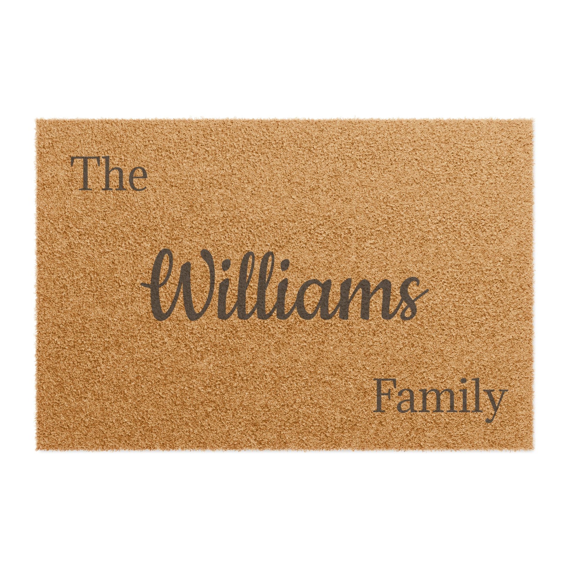 Personalized Script Monogram Welcome doormat with last name, featuring elegant lettering on a durable floor mat by Printify.