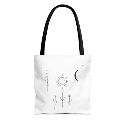 Minimal moon and sun celestial botanical tote bag with line art design, eco-friendly fabric, and sturdy handles.