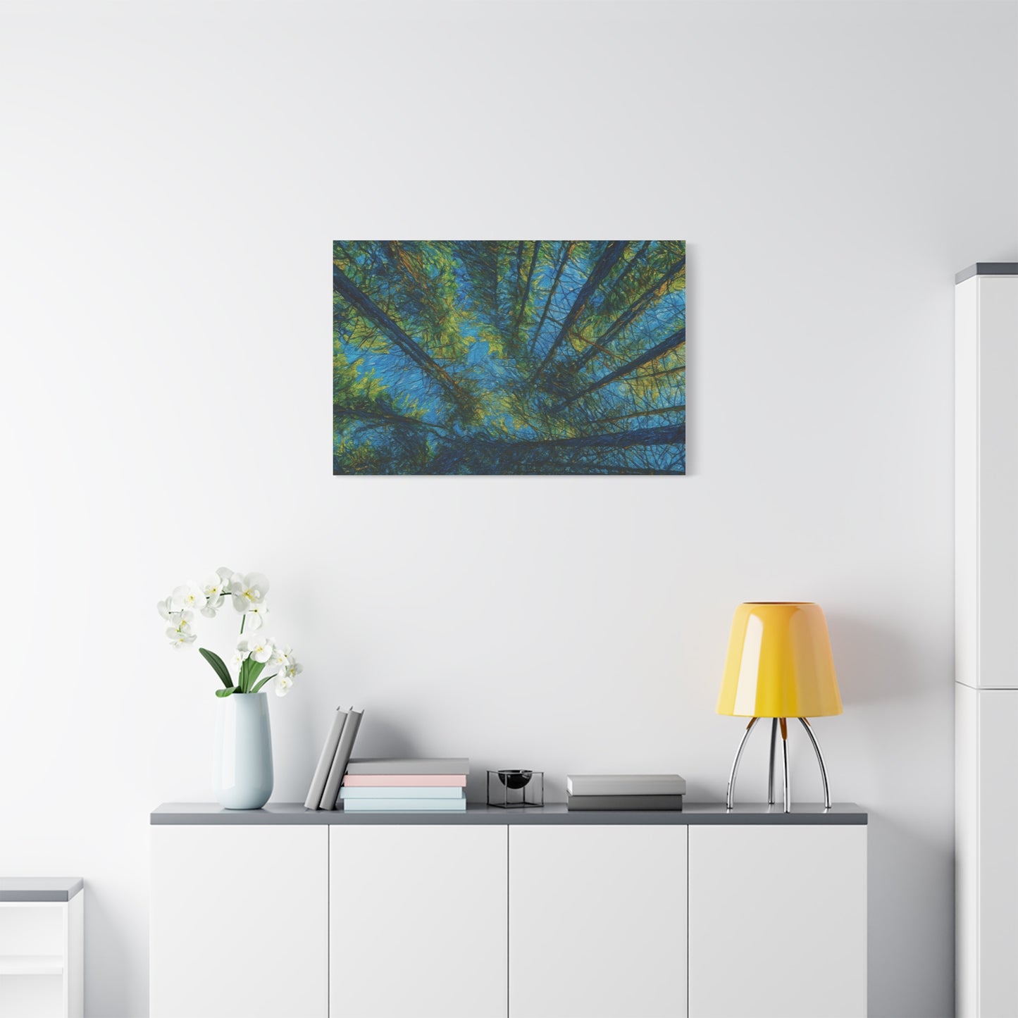 Forest Canopy Matte Canvas Wall Art — Upward View of Trees, Blue & Green Nature Print