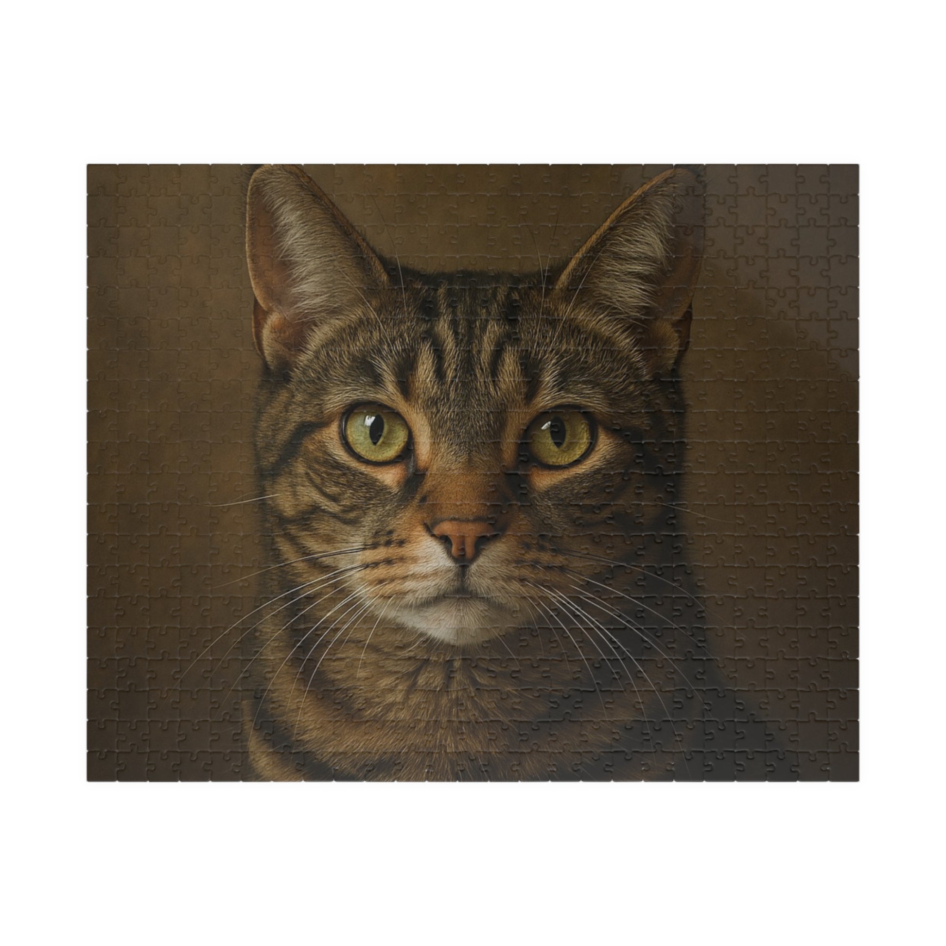 Colorful print of a tabby cat portrait puzzle featuring realistic details, 500-piece jigsaw puzzle by Printify.