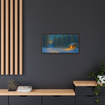 Winter cabin wall art on canvas showing a cozy snowy forest scene at evening, framed with a matte border.