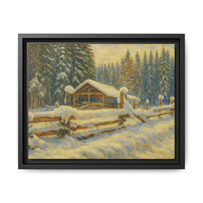 Snowy cabin winter landscape canvas wall art by Printify featuring a cozy cabin scene with snow-covered trees and a peaceful winter setting.