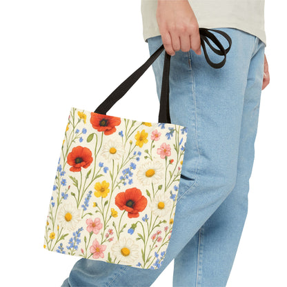 Wildflower Poppy print tote bag by Printify featuring a floral all-over pattern, spacious bag with colorful poppy flower design.