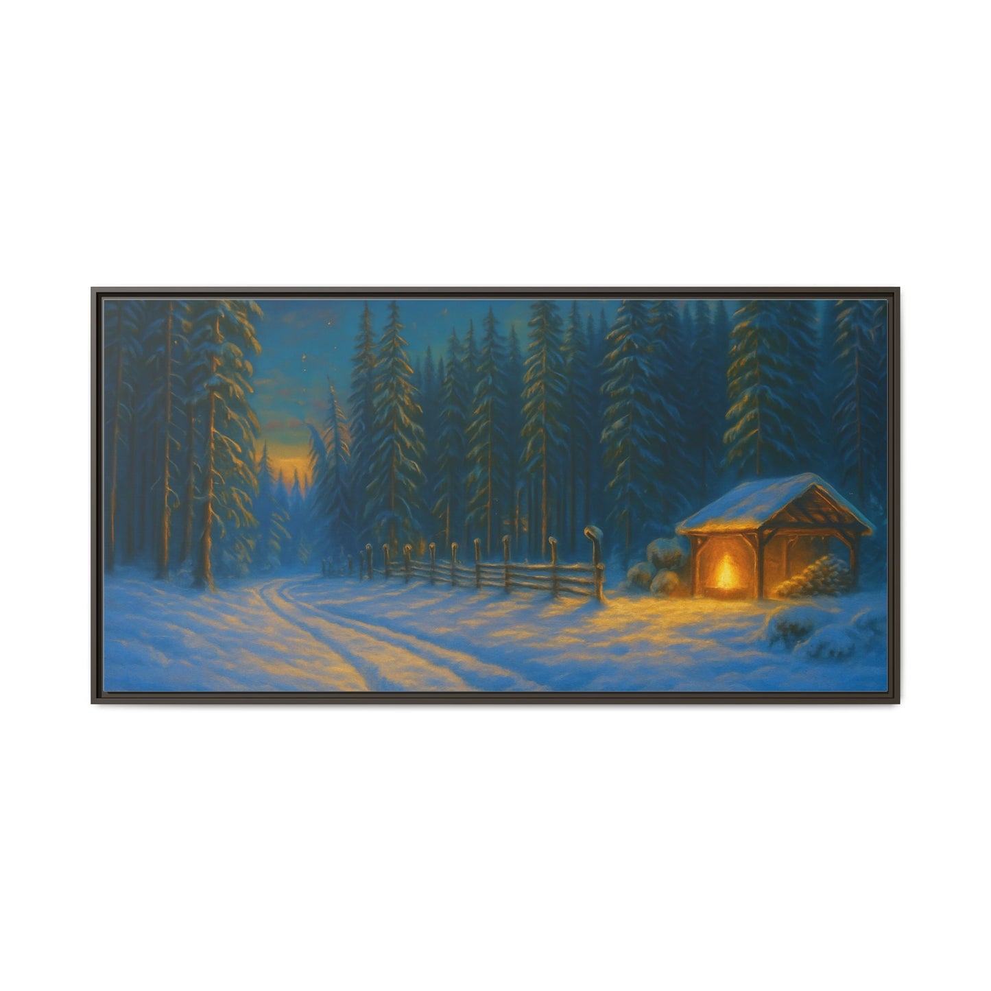 Cozy winter cabin matte framed canvas wall art featuring a snowy forest scene at evening, ideal for winter home decor.