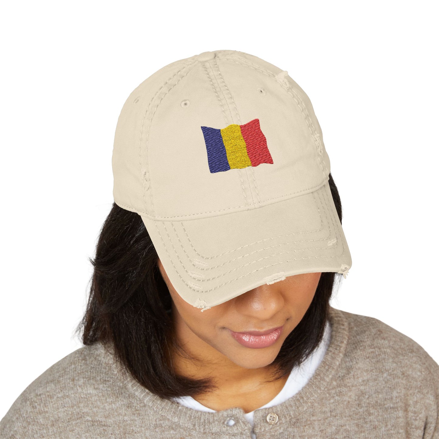 Distressed embroidered dad hat with Romanian flag patch, casual hat made by Printify, featuring a vintage look and patriotic design.