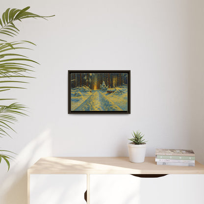 Framed matte canvas print of a snowy forest path at sunset, wall art by Printify featuring a serene winter landscape.