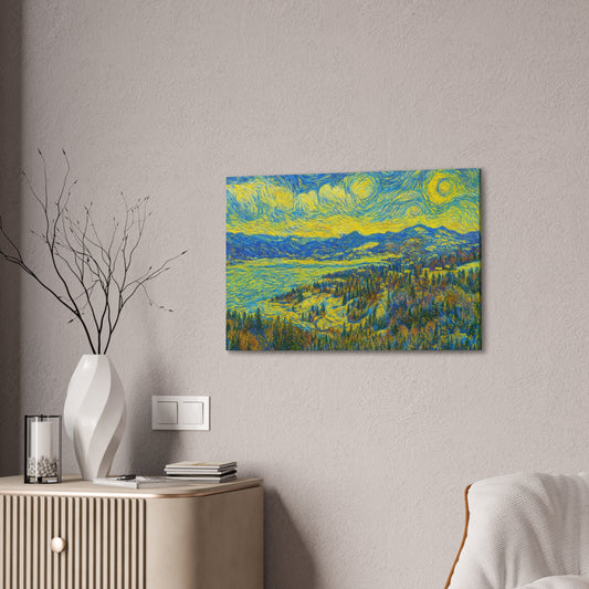 Starry Mountain Lake canvas print featuring Van Gogh style landscape wall art with vibrant mountain and lake scene