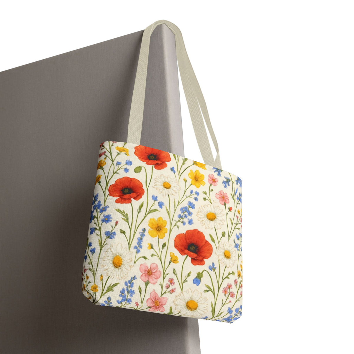 Wildflower poppy print tote bag by Printify featuring a floral all-over pattern, made of durable fabric and spacious for everyday use.