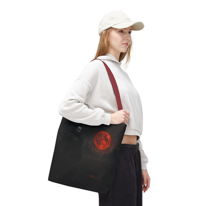 Gothic Dracula tote bag with moonlit vampire art, ideal for Halloween, by Printify, featuring a spooky vampire design on durable bag.