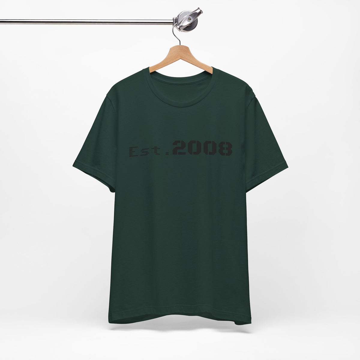 Black printed T-shirt by Printify with "Established 2008" graphic and minimal design, casual fit, shown on a plain background.