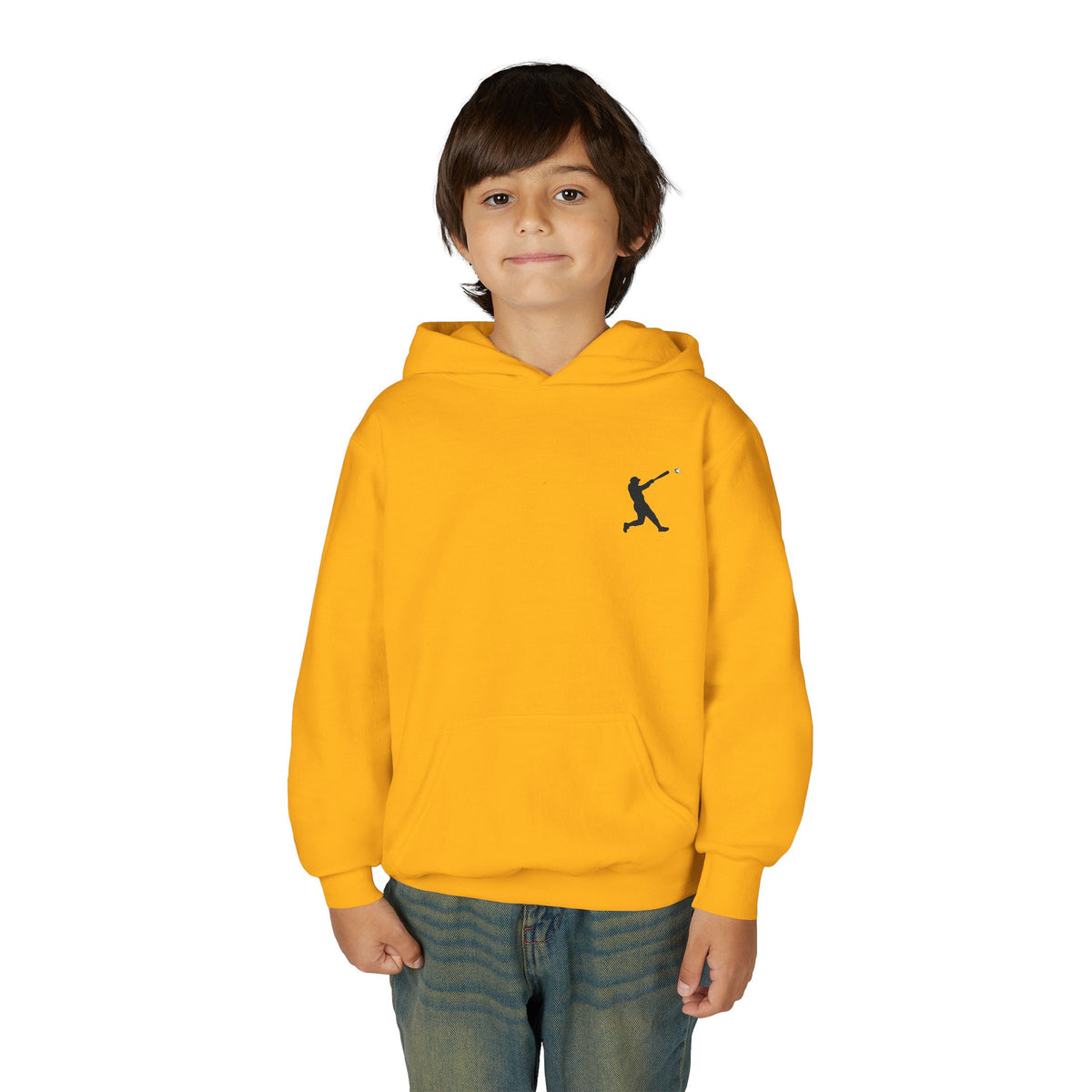 Youth baseball silhouette hoodie for kids, featuring a baseball player design on a comfortable pullover sweatshirt by Printify.