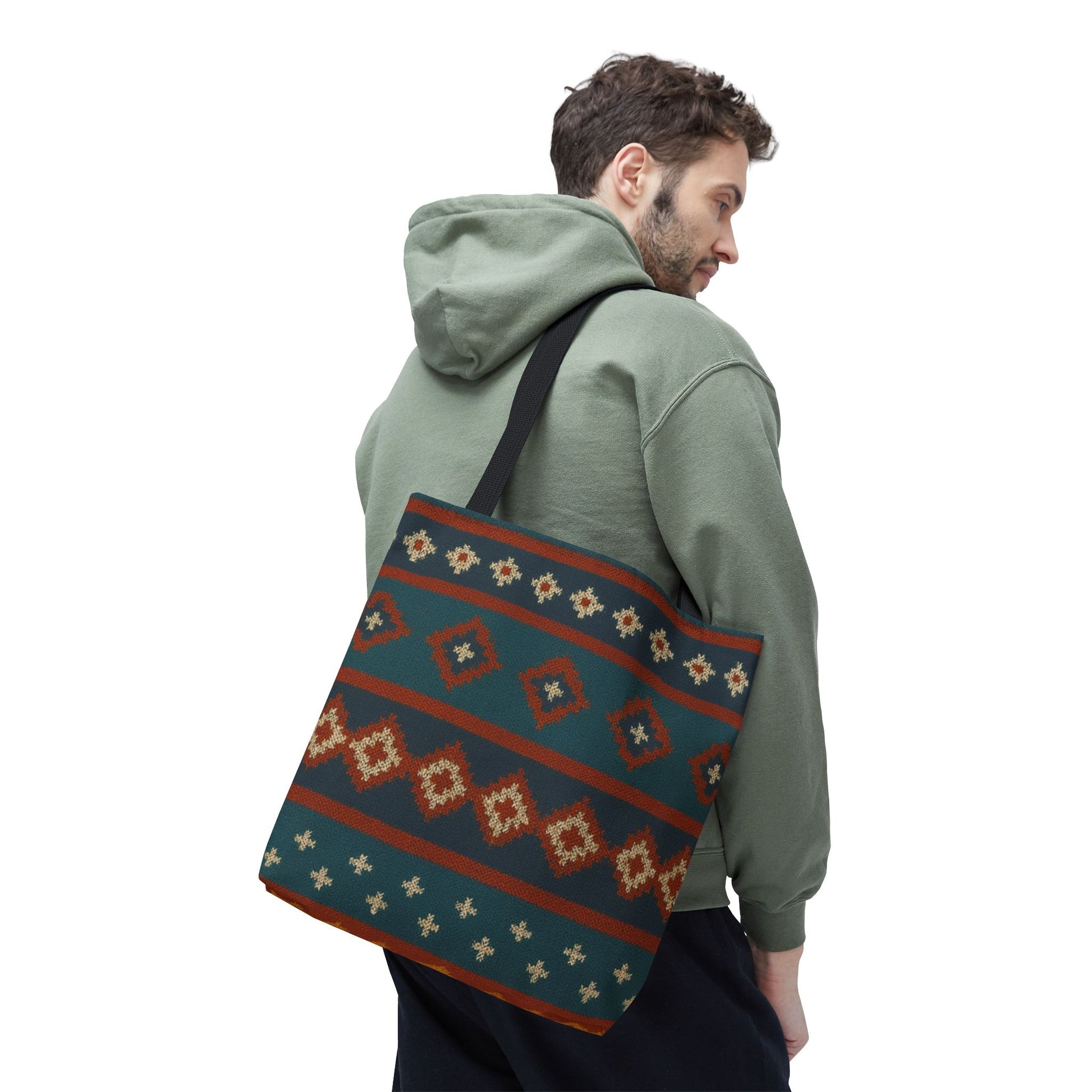Southwestern diamond pattern tote bag with Aztec tribal geometric print, featuring sturdy handles and vibrant design.