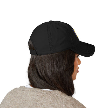 Distressed embroidered dad hat featuring Romanian flag patch, casual unisex hat from Printify with adjustable strap.