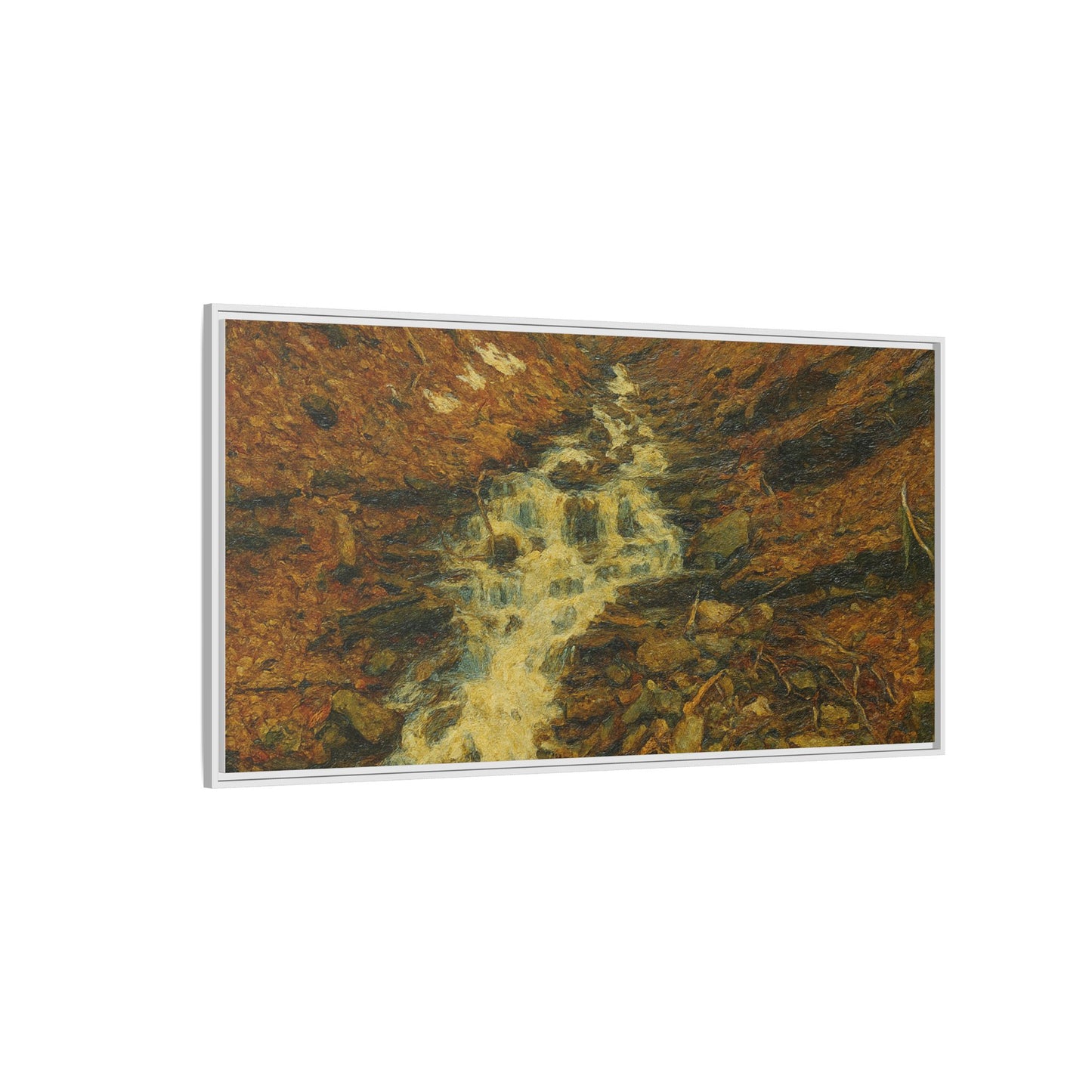 Framed matte canvas print of autumn stream landscape artwork by Printify, showcasing colorful fall trees and tranquil water scene.